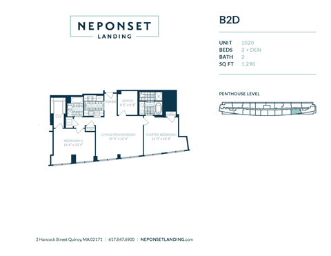 Floor plan for 2 beds, 2 baths, 1290 sqft
